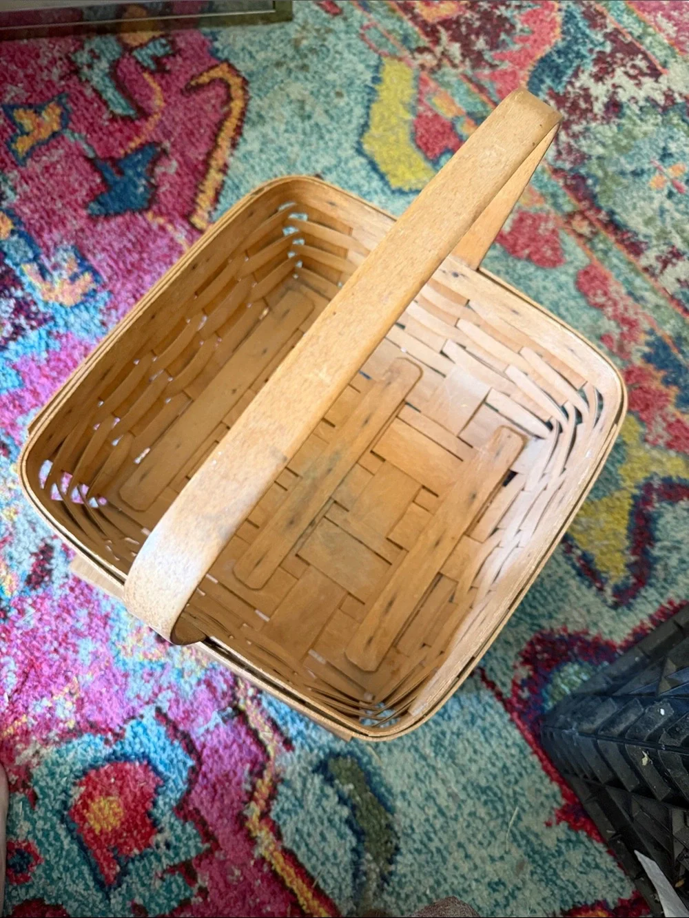 Large Longaberger Natural Brown Woven Basket with Handle and Riser